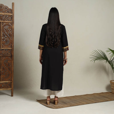 Black - Block Print Mosaic Fusion Straight Plain Cotton Kurta