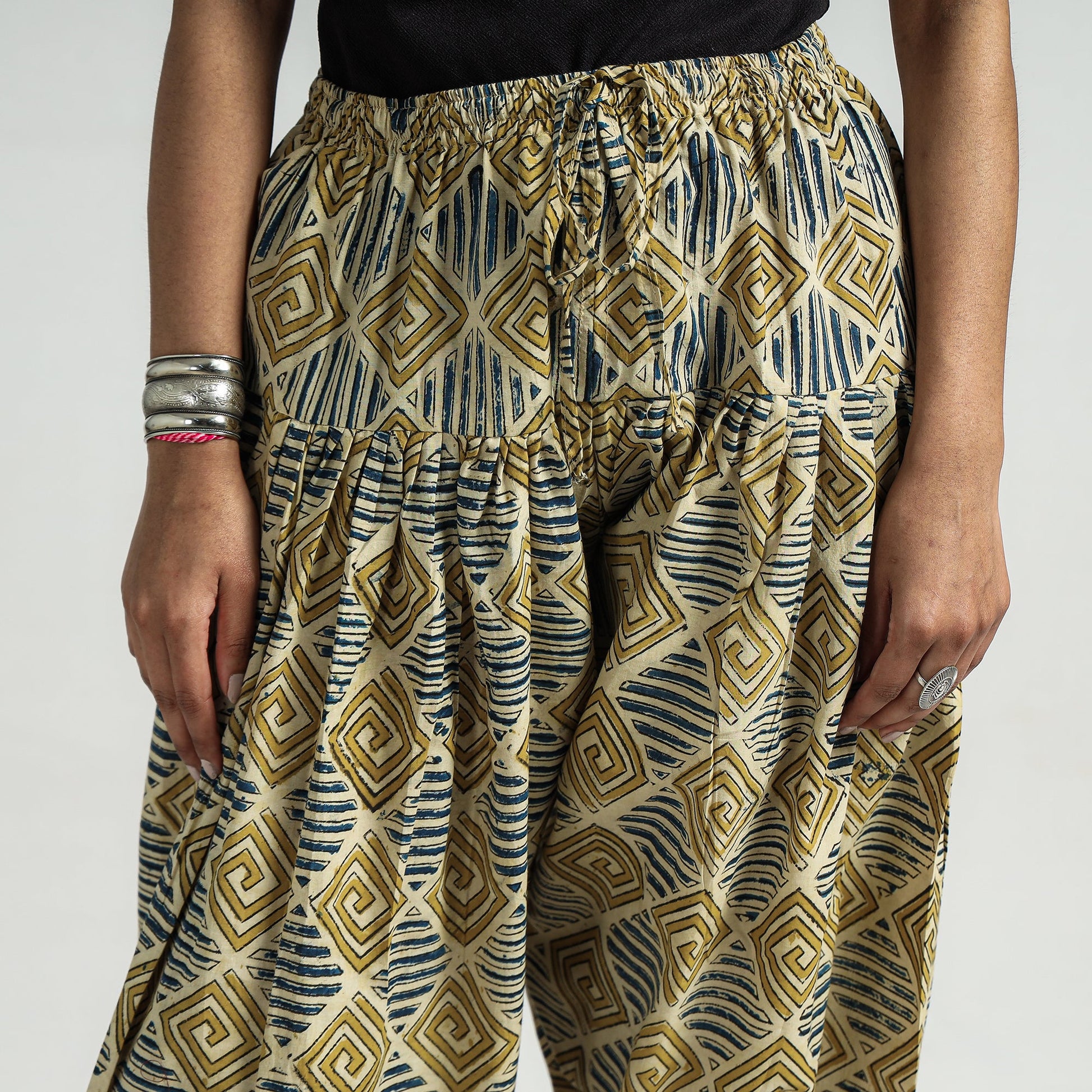 Beige - Kalamkari Block Printed Cotton Elasticated Salwar