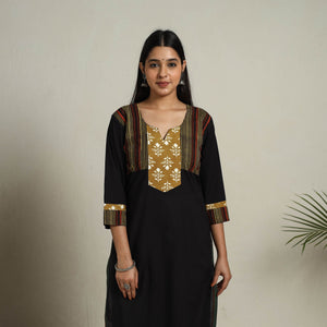 Black - Block Print Mosaic Fusion Straight Plain Cotton Kurta
