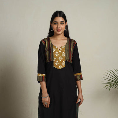 Black - Block Print Mosaic Fusion Straight Plain Cotton Kurta