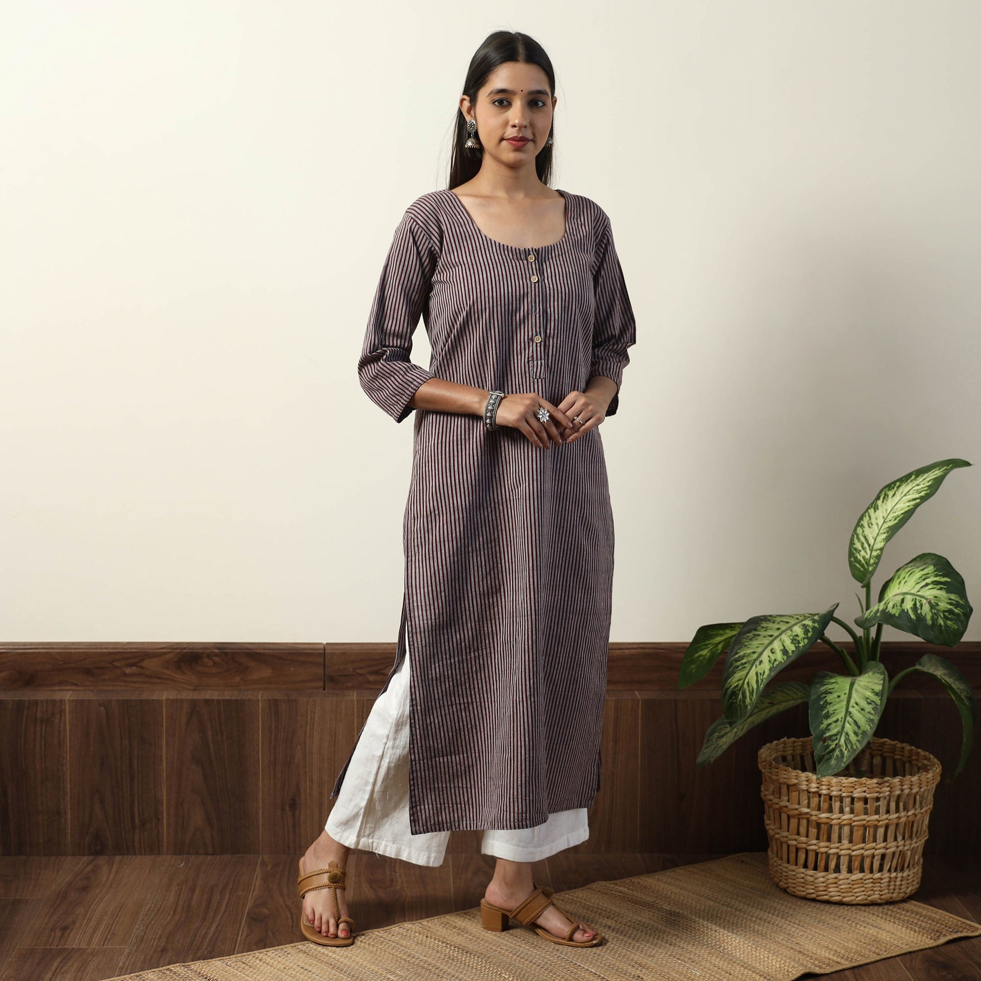 Brown - Jhiri Handloom Cotton Straight Long Kurta