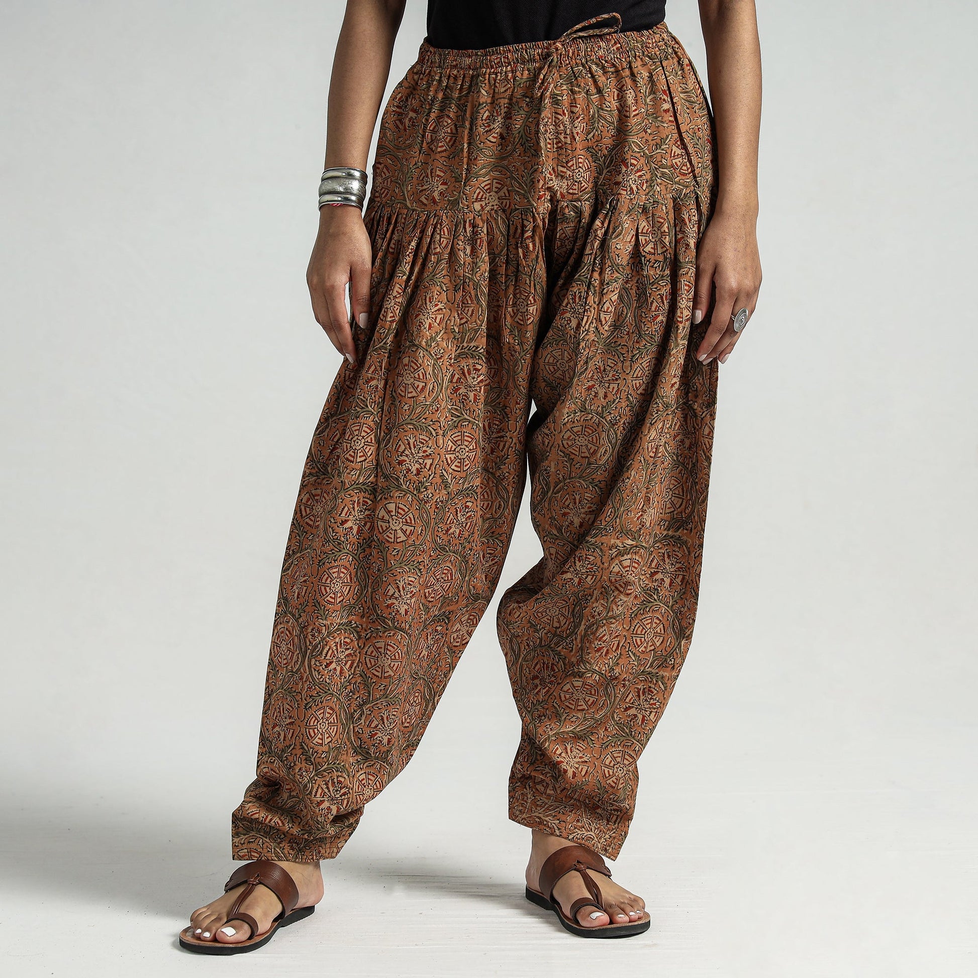 Brown - Kalamkari Block Printed Cotton Elasticated Salwar