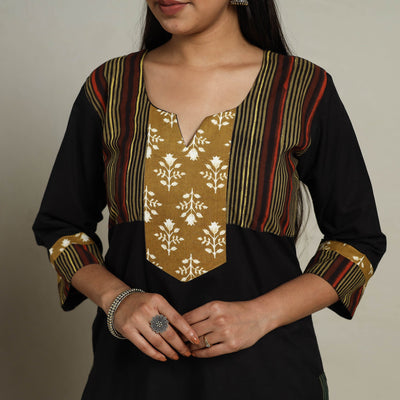 Black - Block Print Mosaic Fusion Straight Plain Cotton Kurta