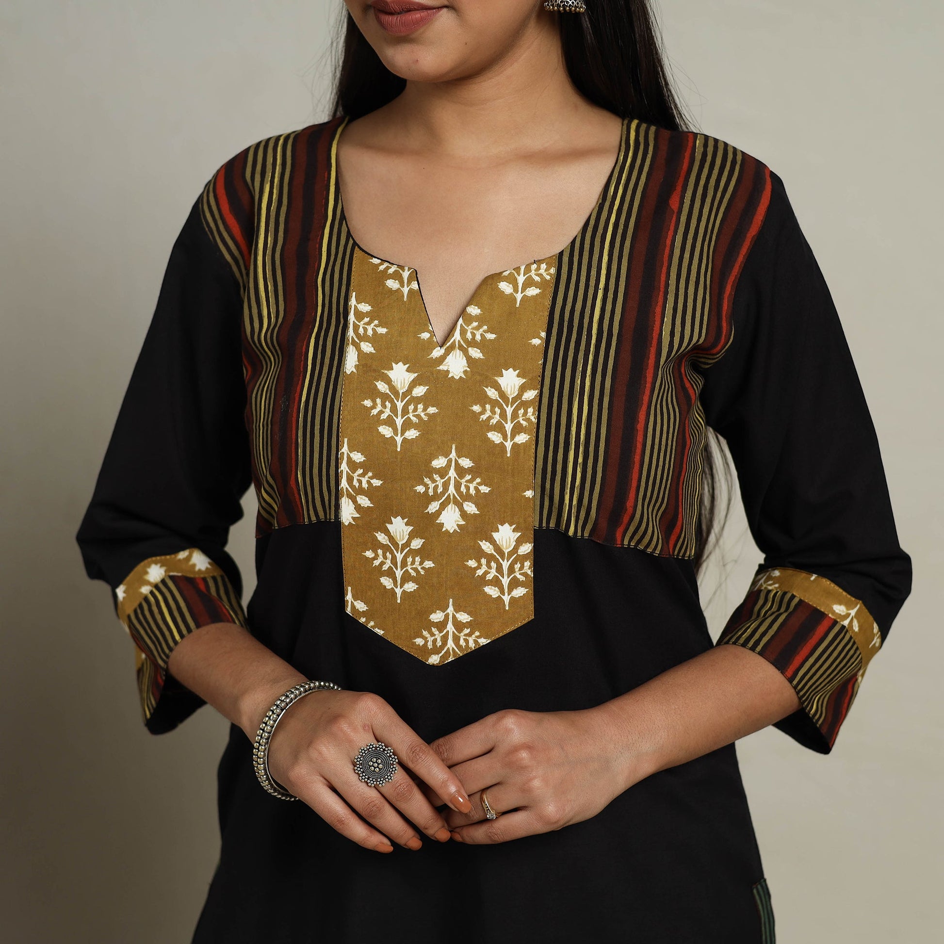 Black - Block Print Mosaic Fusion Straight Plain Cotton Kurta