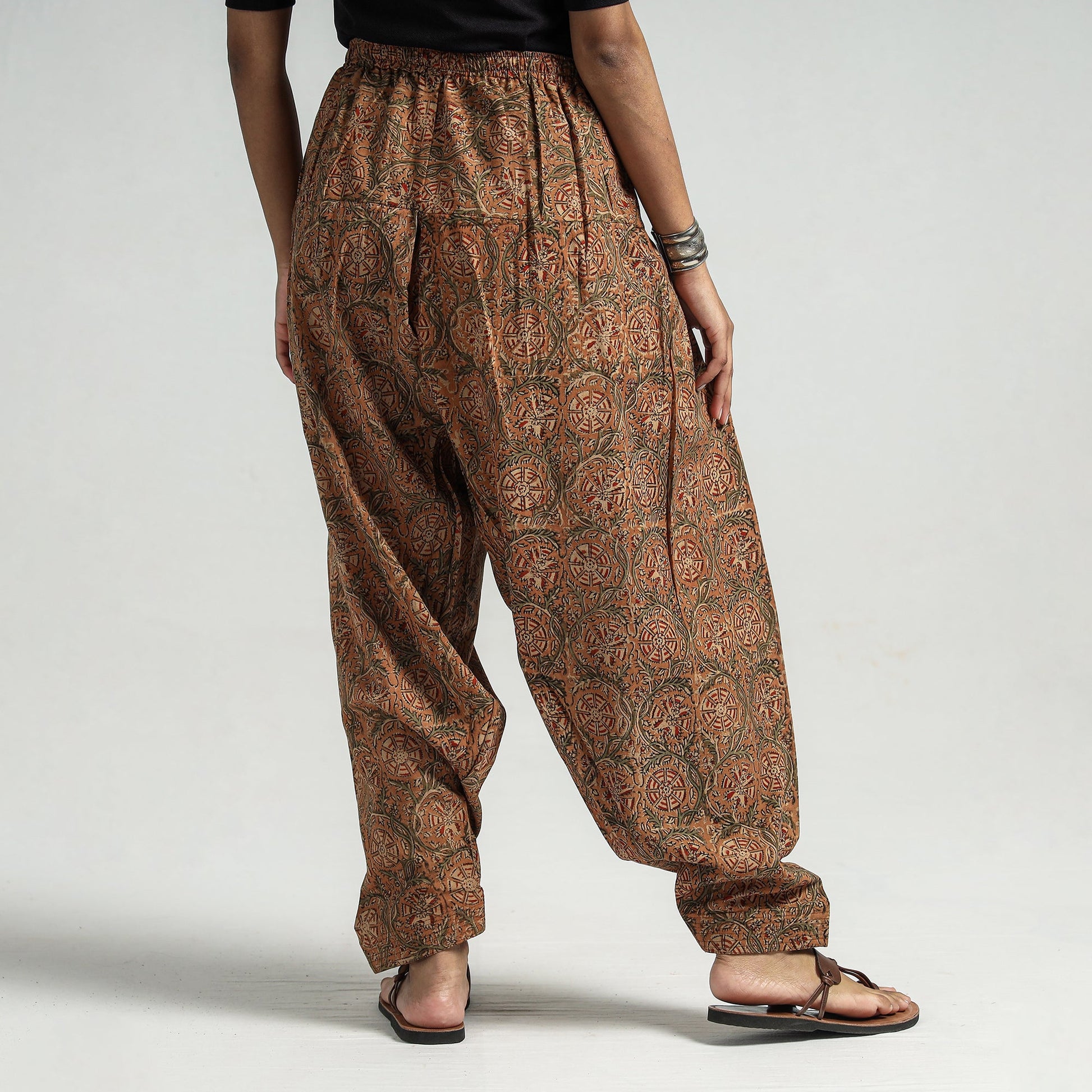 Brown - Kalamkari Block Printed Cotton Elasticated Salwar