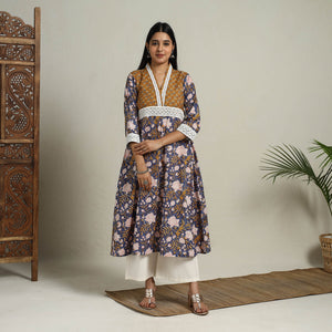 Blue - Block Print Mosaic Fusion A-Line Sanganeri Cotton Kurta