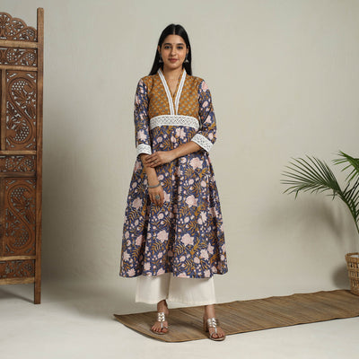 Blue - Block Print Mosaic Fusion A-Line Sanganeri Cotton Kurta