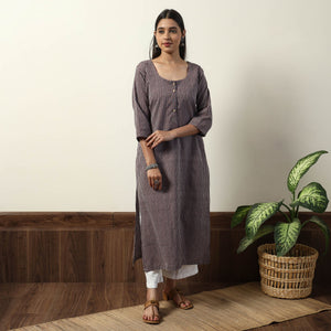 Brown - Jhiri Handloom Cotton Straight Long Kurta