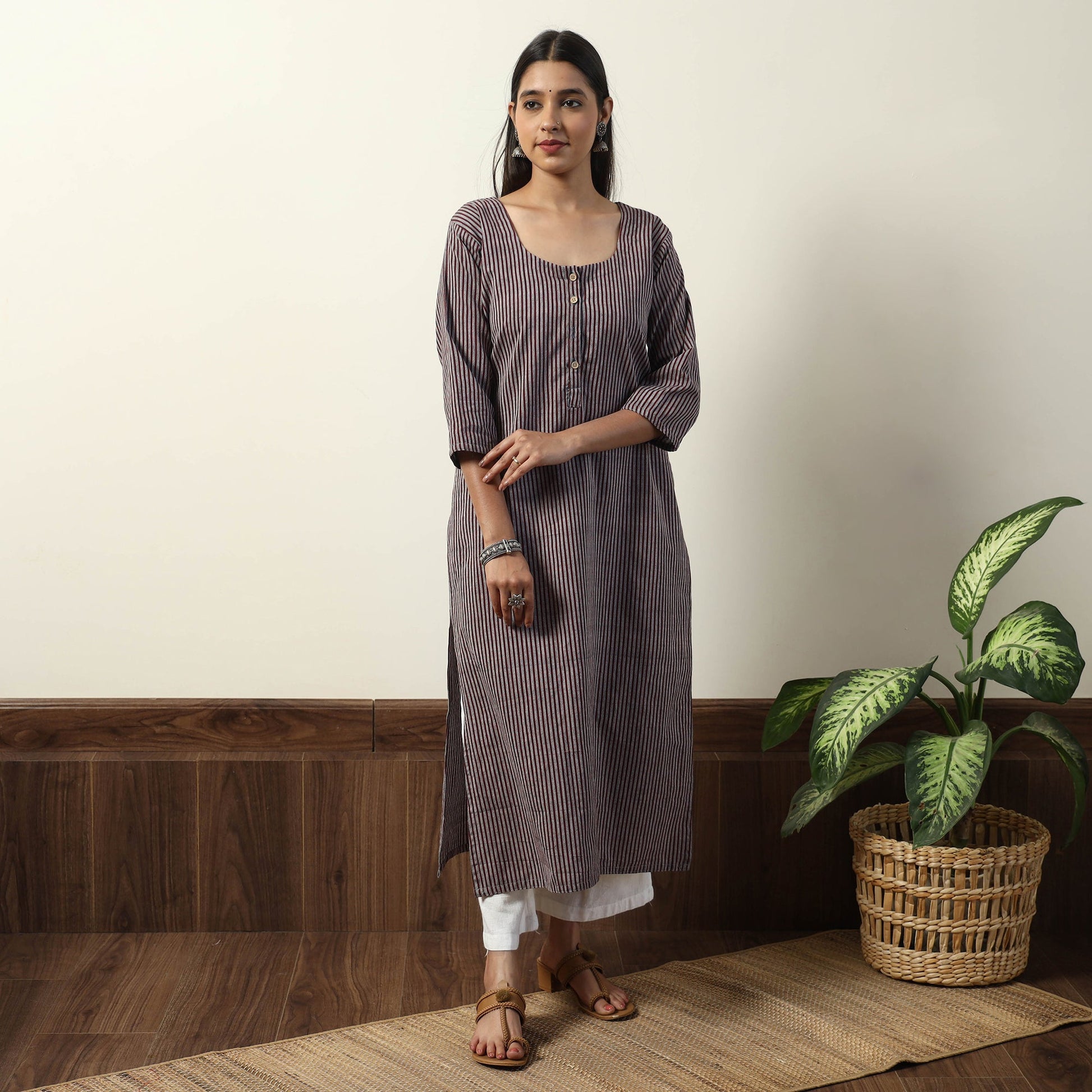 Brown - Jhiri Handloom Cotton Straight Long Kurta