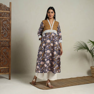 Blue - Block Print Mosaic Fusion A-Line Sanganeri Cotton Kurta
