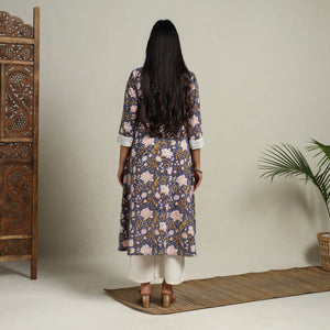 Blue - Block Print Mosaic Fusion A-Line Sanganeri Cotton Kurta