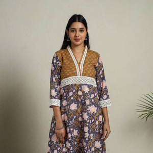 Blue - Block Print Mosaic Fusion A-Line Sanganeri Cotton Kurta