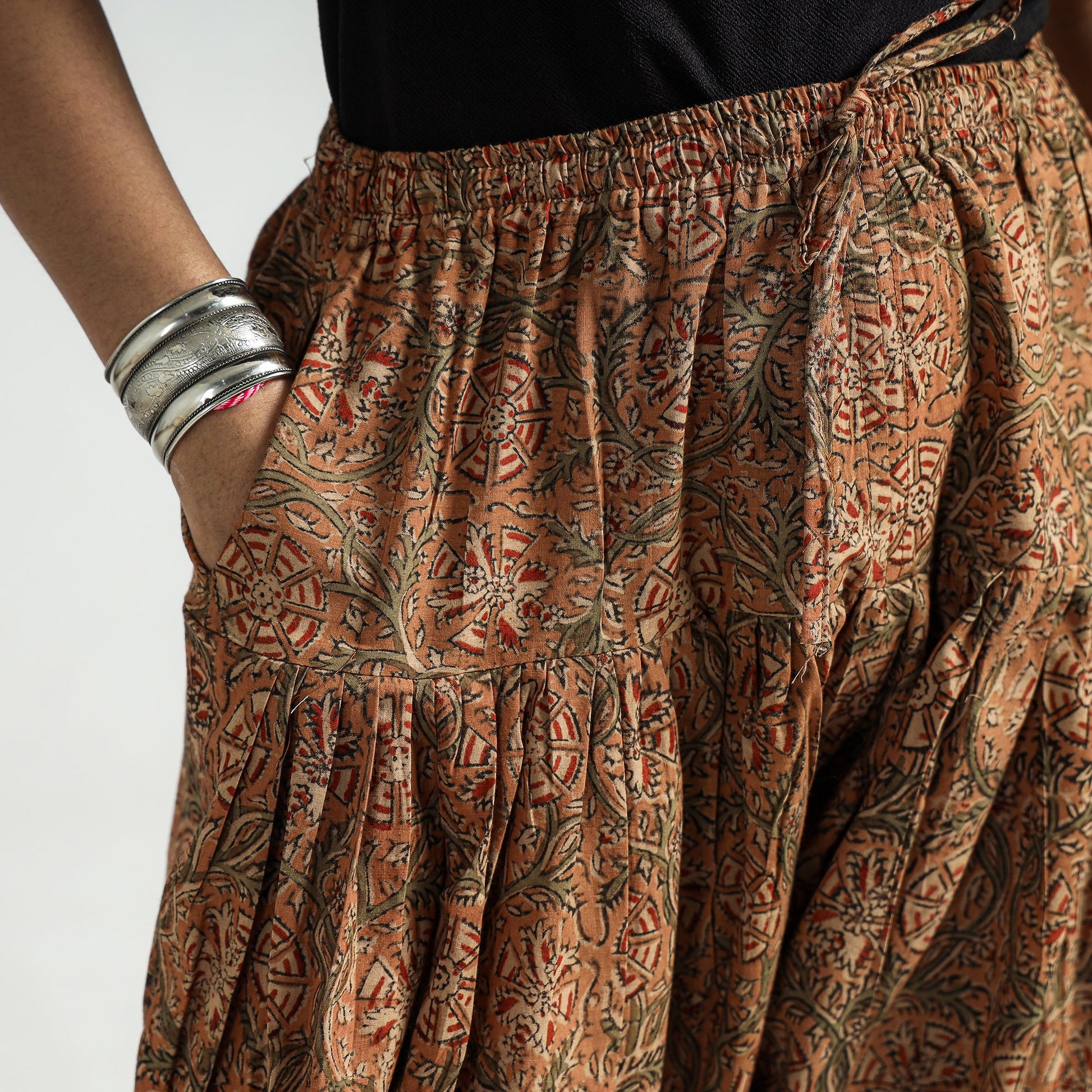 Brown - Kalamkari Block Printed Cotton Elasticated Salwar