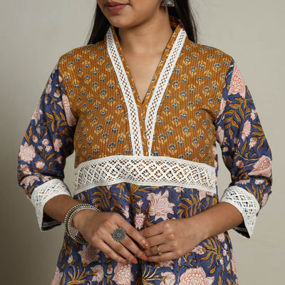Blue - Block Print Mosaic Fusion A-Line Sanganeri Cotton Kurta