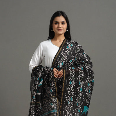 Black - Handloom Chanderi Silk Hand Batik Printed Dupatta 03