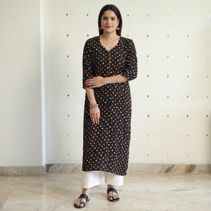 Black - Bandhani Tie-dye Cotton Long Straight Kurta