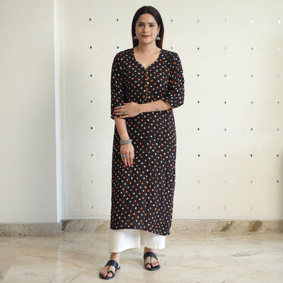 Black - Bandhani Tie-dye Cotton Long Straight Kurta