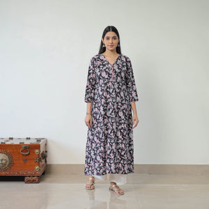 Black - Sanganeri Block Printed Cotton Long A-Line Kurta