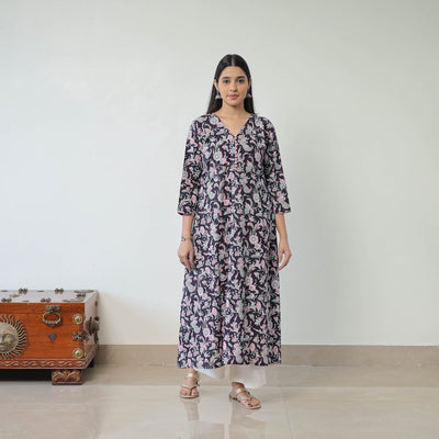 Black - Sanganeri Block Printed Cotton Long A-Line Kurta