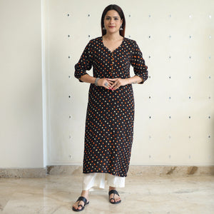 Black - Bandhani Tie-dye Cotton Long Straight Kurta