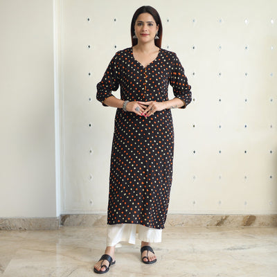 Black - Bandhani Tie-dye Cotton Long Straight Kurta