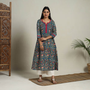 Blue - Block Print Mosaic Fusion A-Line Sanganeri Cotton Kurta