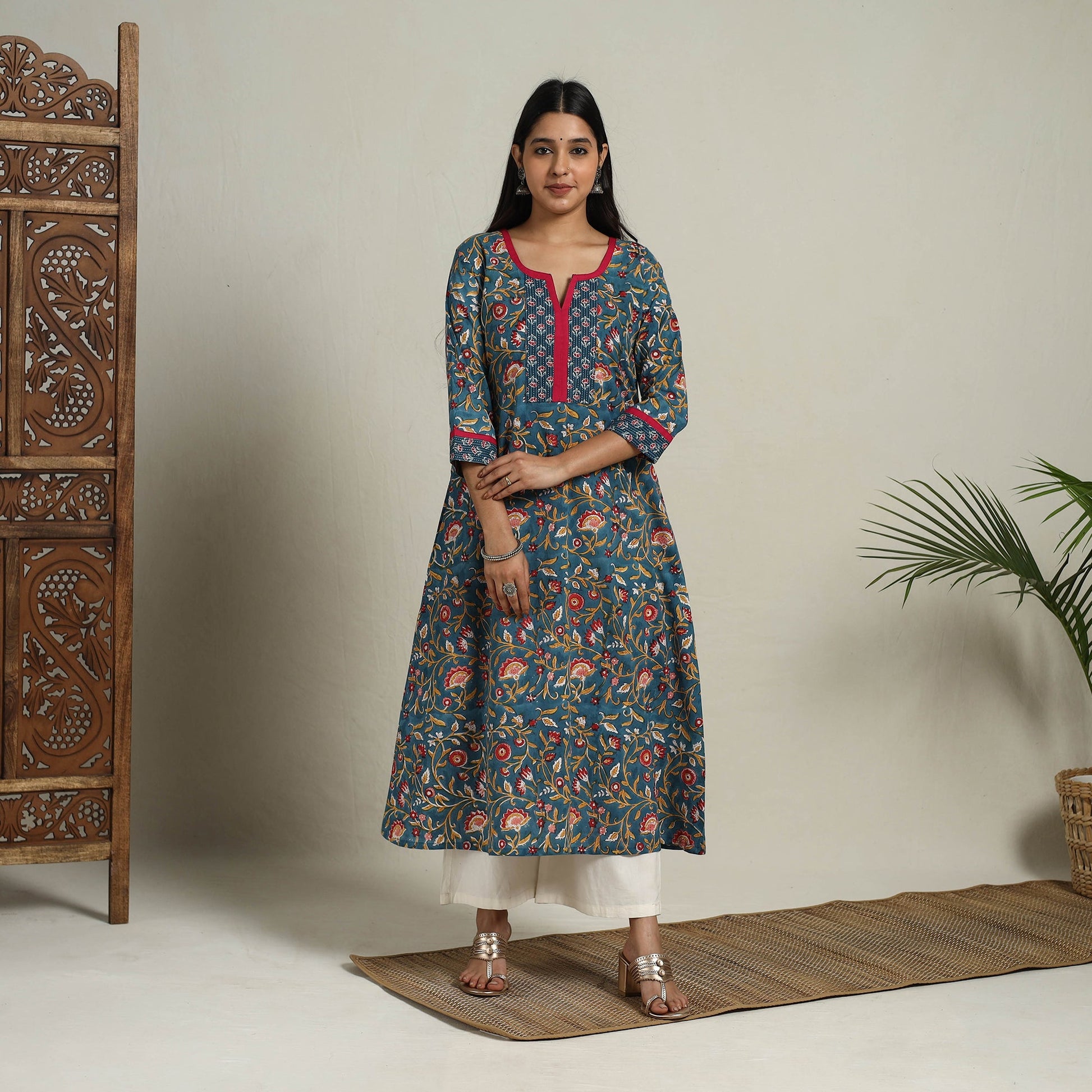 Blue - Block Print Mosaic Fusion A-Line Sanganeri Cotton Kurta