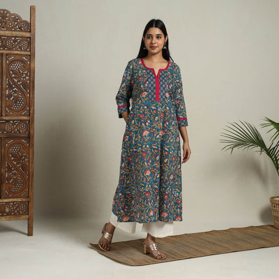 Blue - Block Print Mosaic Fusion A-Line Sanganeri Cotton Kurta