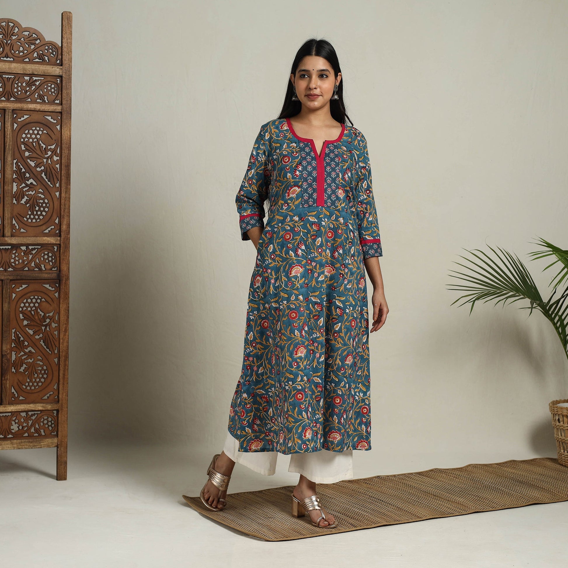 Blue - Block Print Mosaic Fusion A-Line Sanganeri Cotton Kurta
