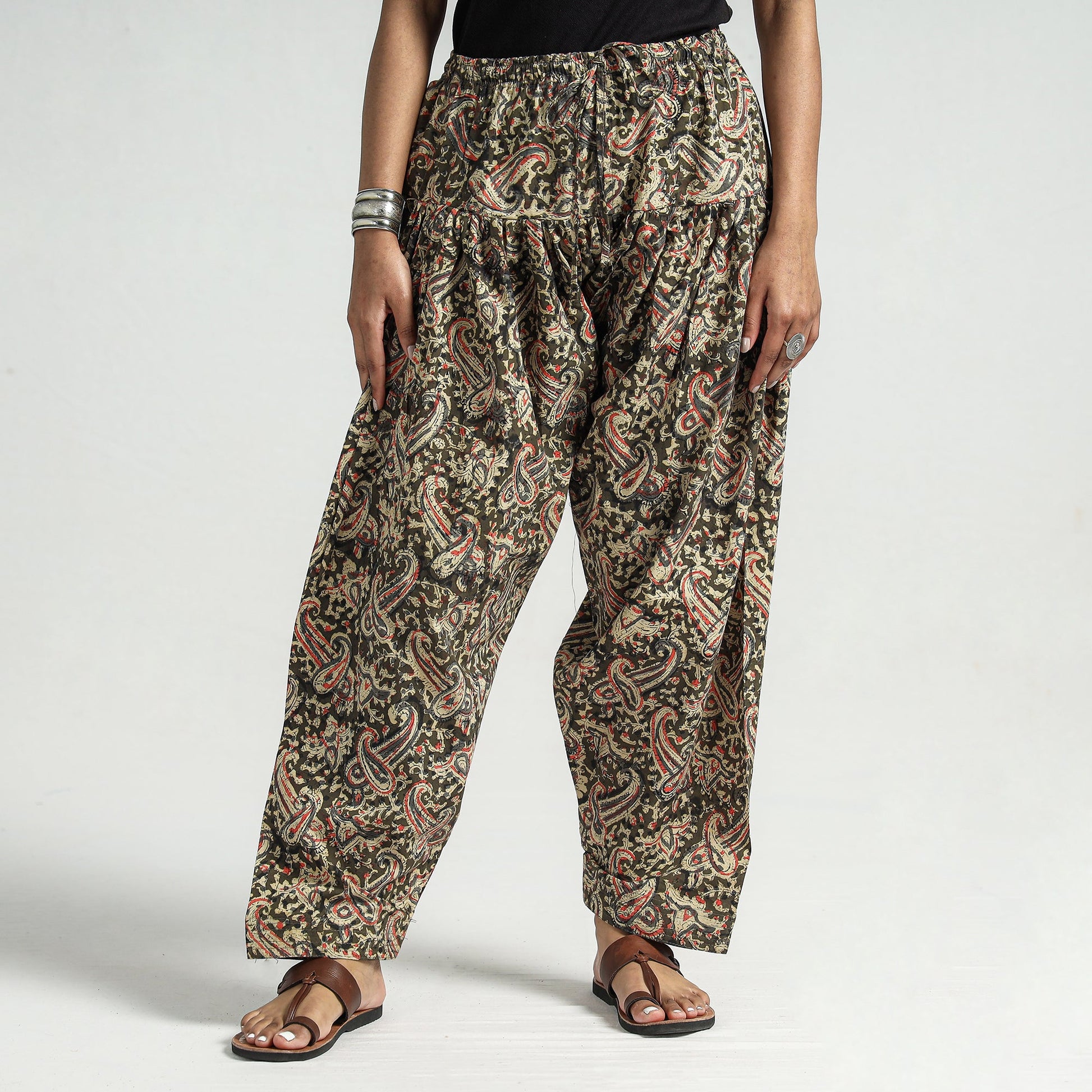 Brown - Kalamkari Block Printed Cotton Elasticated Salwar