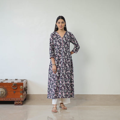 Black - Sanganeri Block Printed Cotton Long A-Line Kurta