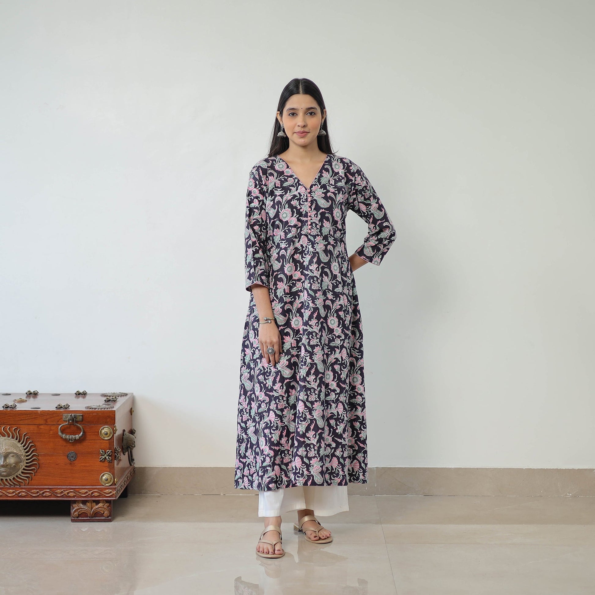 Black - Sanganeri Block Printed Cotton Long A-Line Kurta