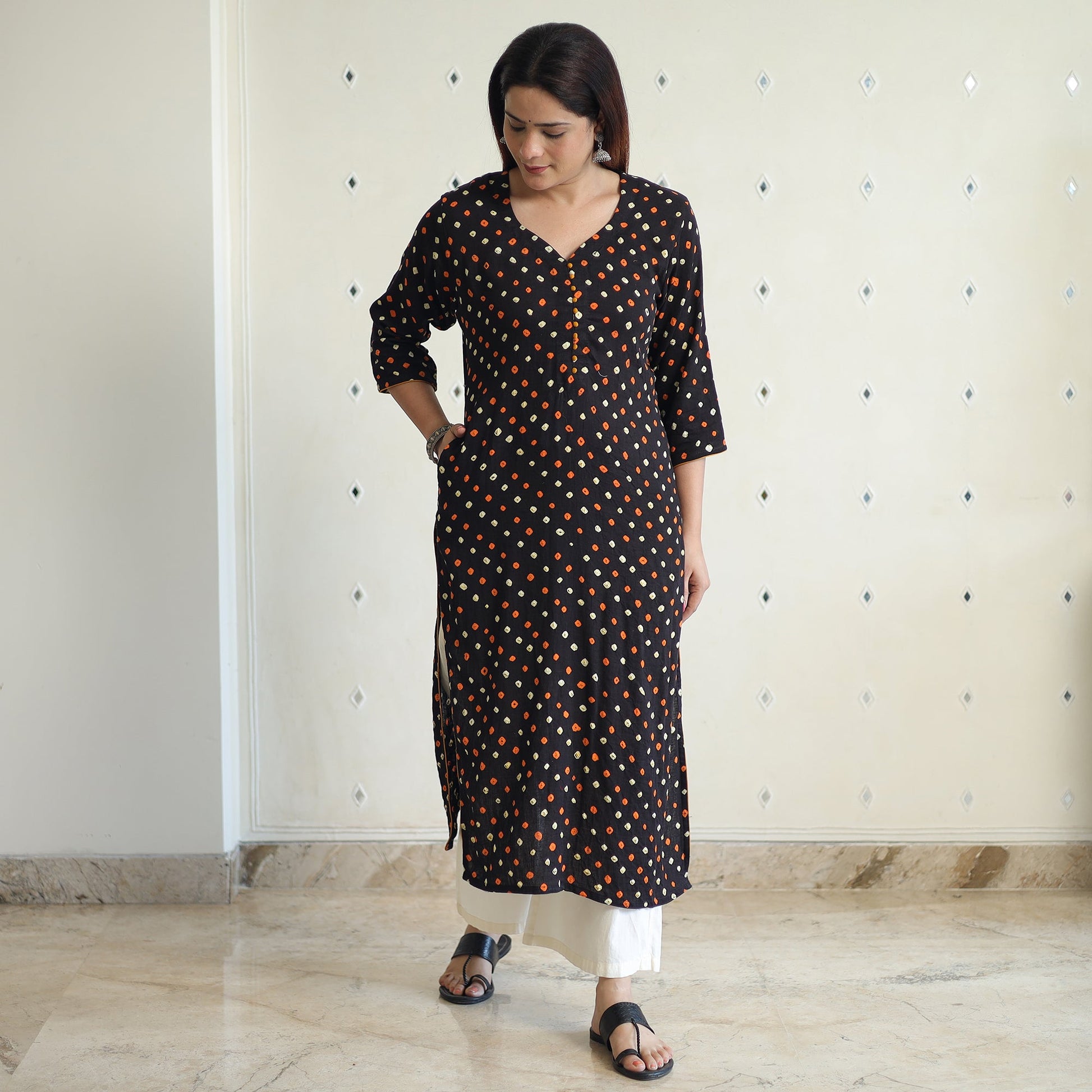 Black - Bandhani Tie-dye Cotton Long Straight Kurta