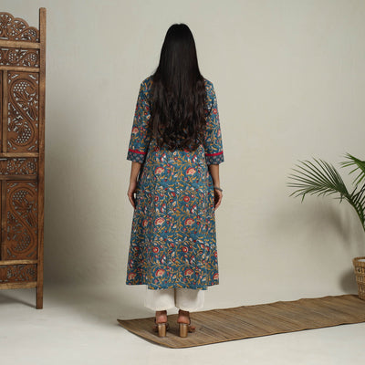 Blue - Block Print Mosaic Fusion A-Line Sanganeri Cotton Kurta