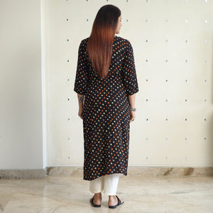 Black - Bandhani Tie-dye Cotton Long Straight Kurta