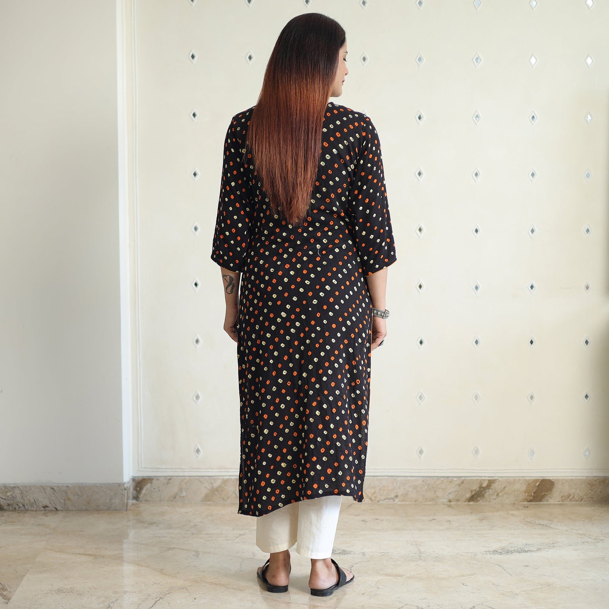 Black - Bandhani Tie-dye Cotton Long Straight Kurta
