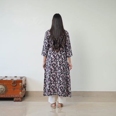 Black - Sanganeri Block Printed Cotton Long A-Line Kurta