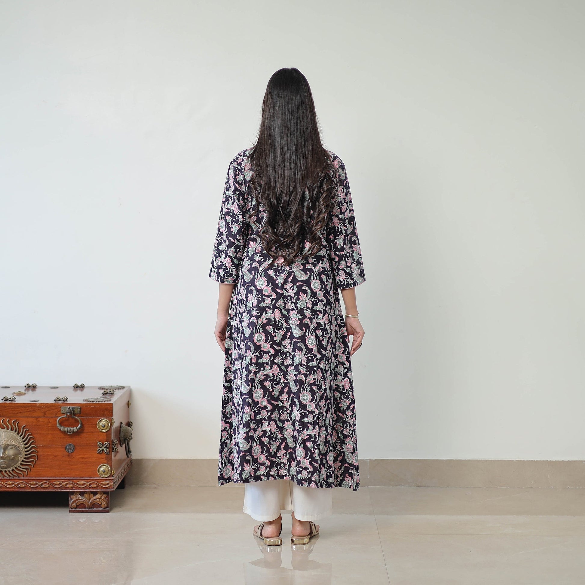 Black - Sanganeri Block Printed Cotton Long A-Line Kurta