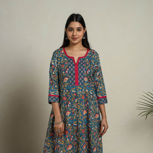 Blue - Block Print Mosaic Fusion A-Line Sanganeri Cotton Kurta