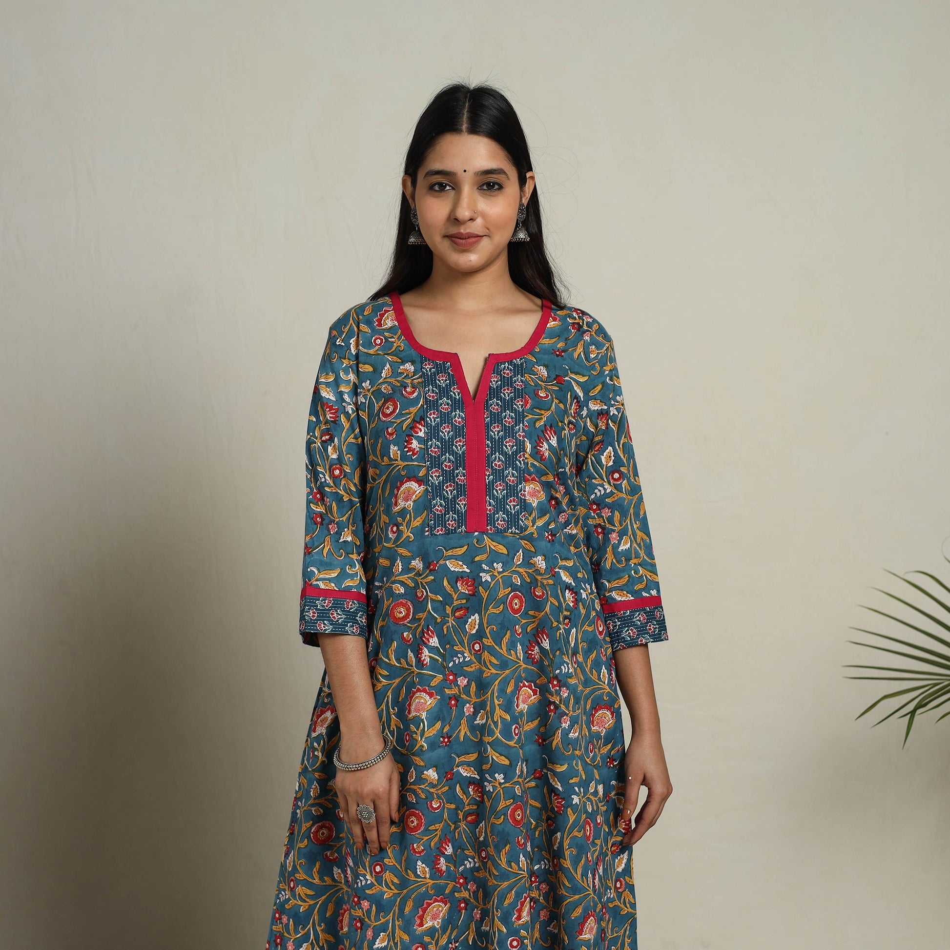Blue - Block Print Mosaic Fusion A-Line Sanganeri Cotton Kurta
