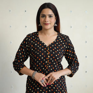 Black - Bandhani Tie-dye Cotton Long Straight Kurta