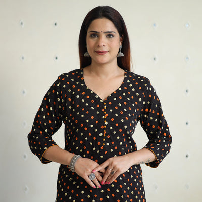 Black - Bandhani Tie-dye Cotton Long Straight Kurta