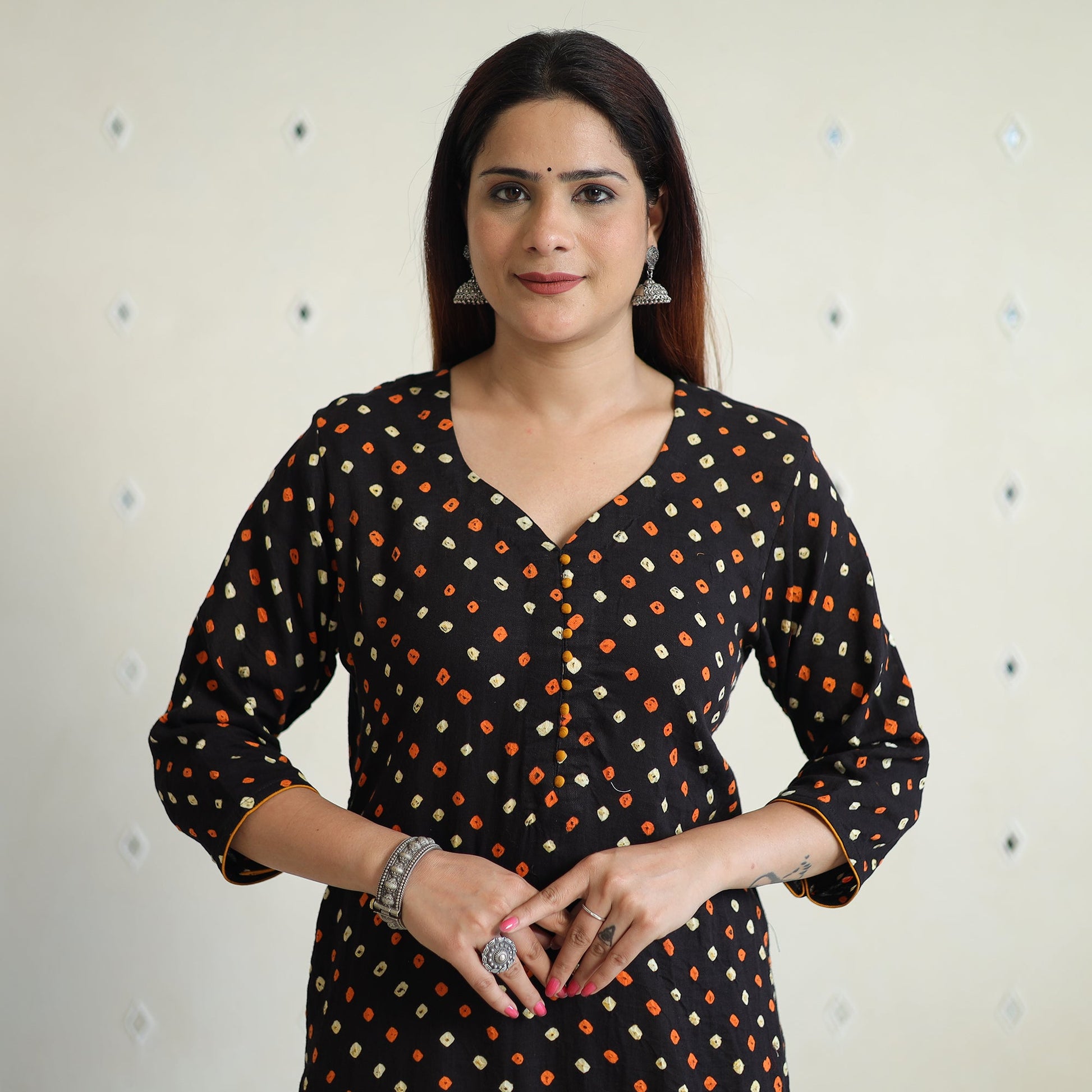 Black - Bandhani Tie-dye Cotton Long Straight Kurta