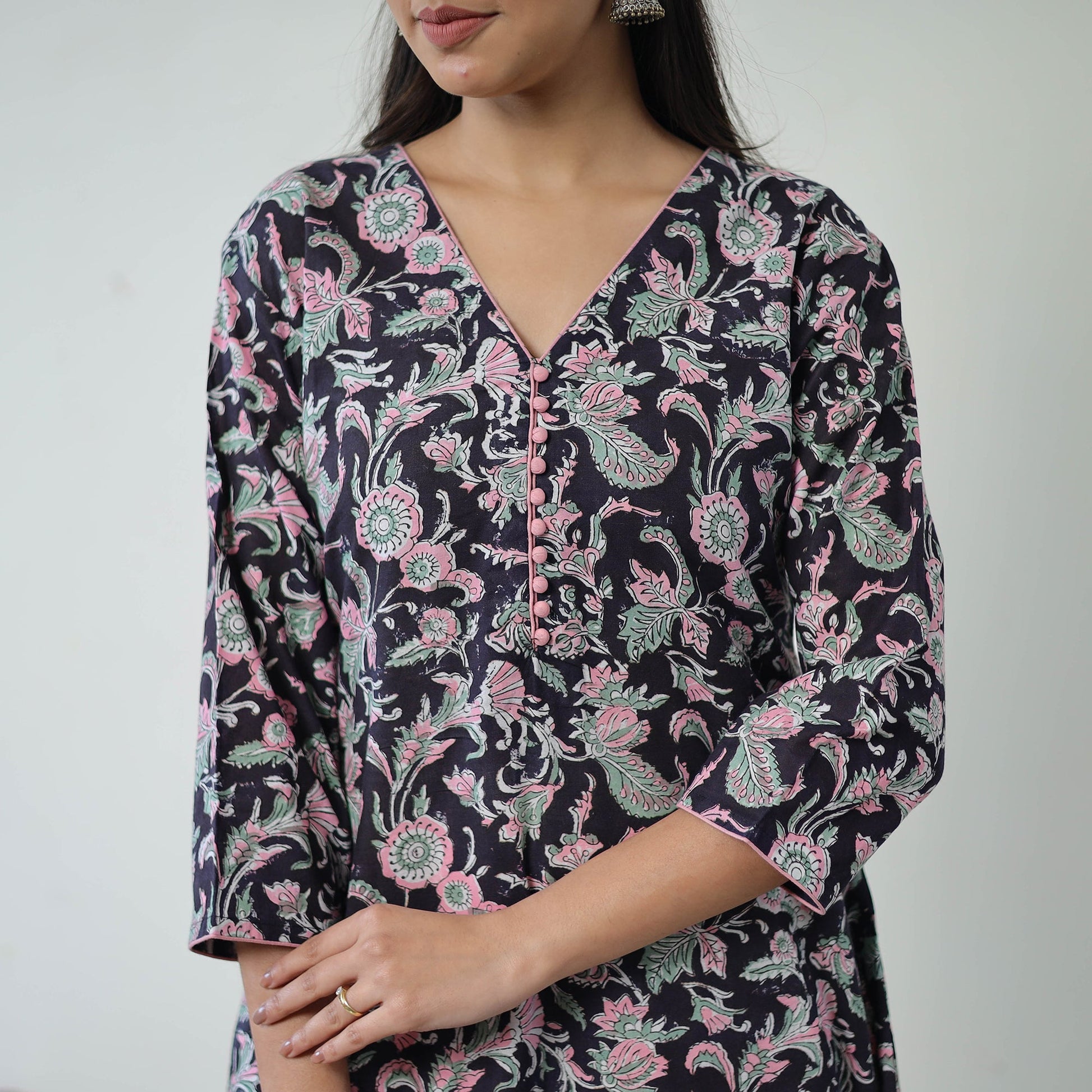 Black - Sanganeri Block Printed Cotton Long A-Line Kurta