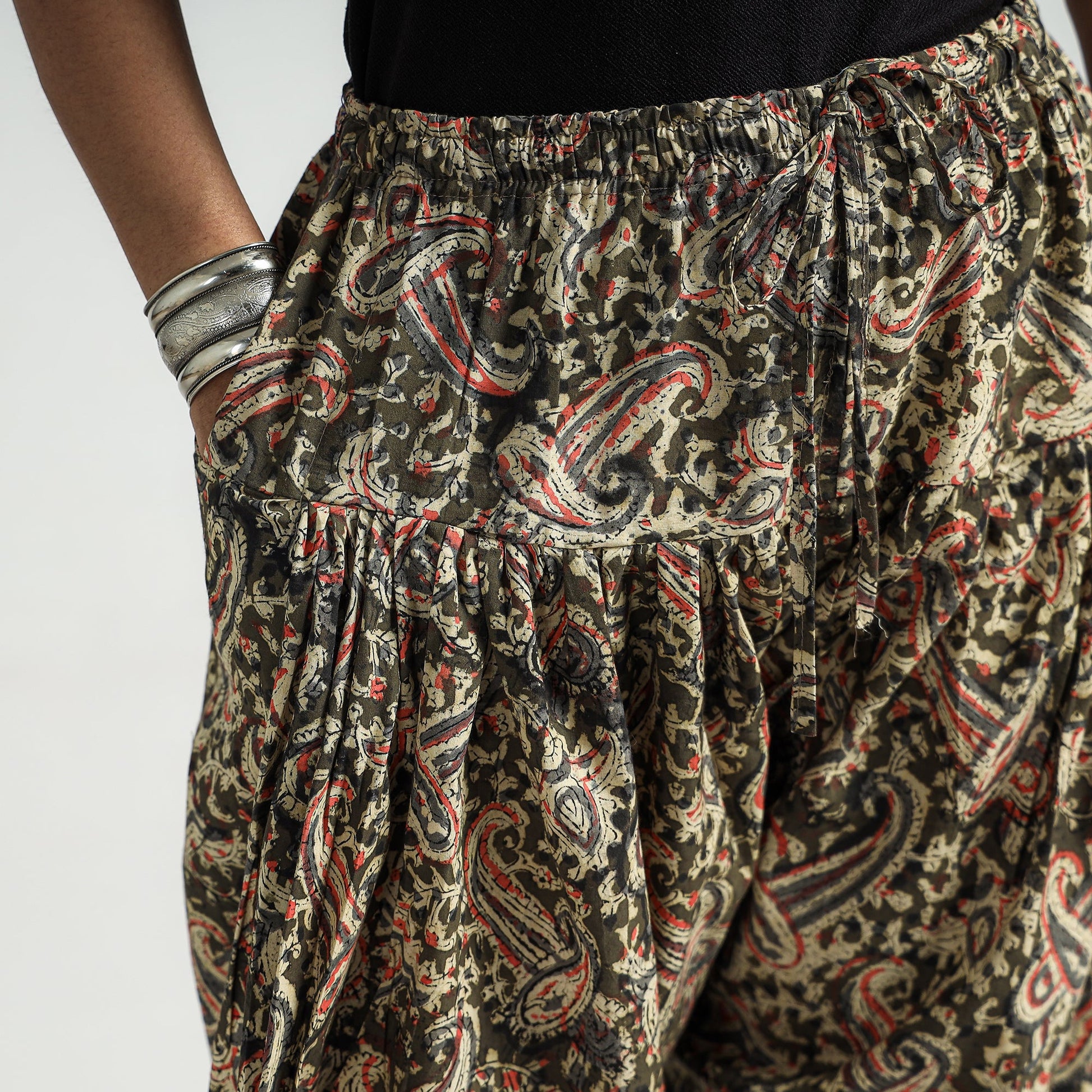 Brown - Kalamkari Block Printed Cotton Elasticated Salwar