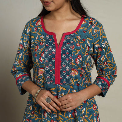 Blue - Block Print Mosaic Fusion A-Line Sanganeri Cotton Kurta