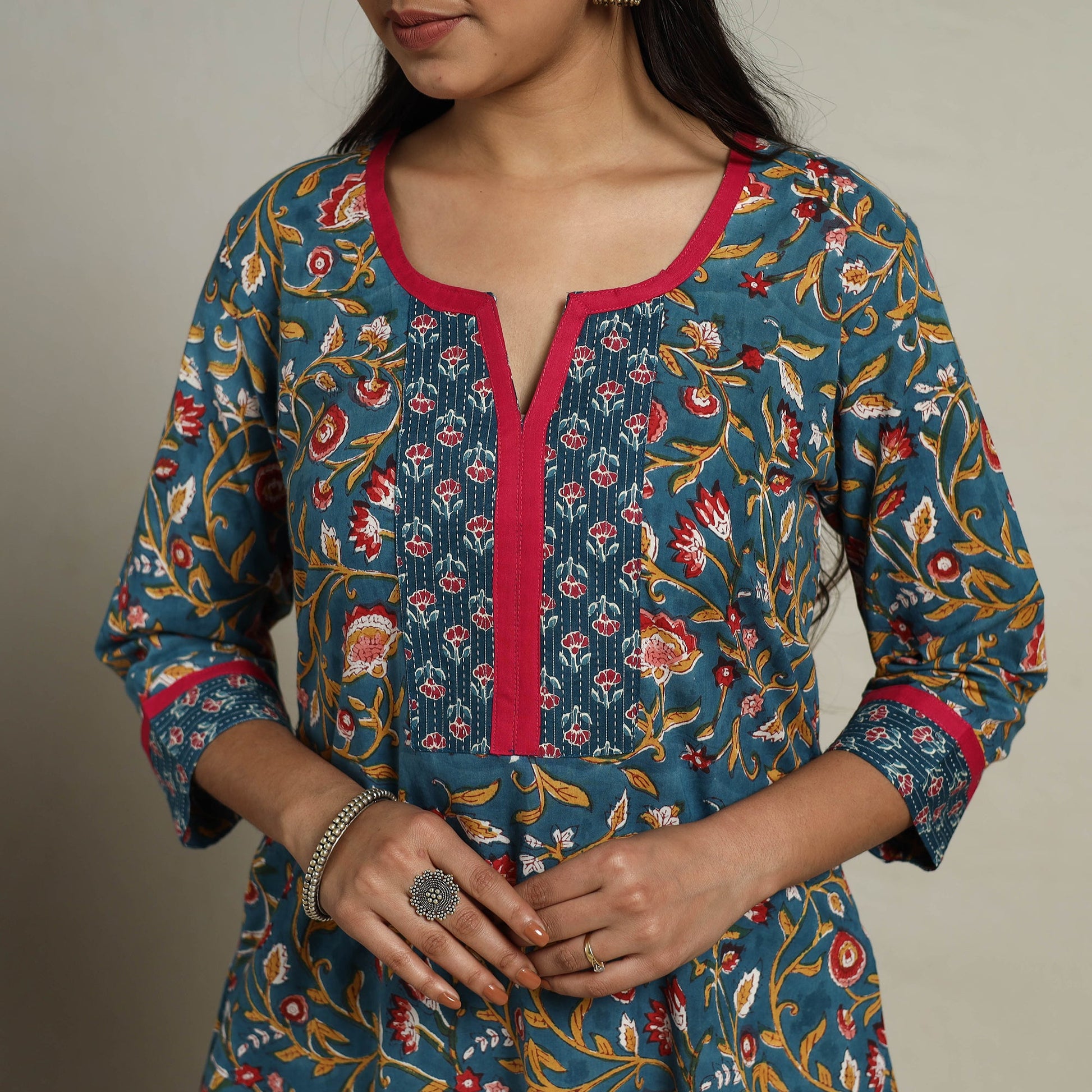 Blue - Block Print Mosaic Fusion A-Line Sanganeri Cotton Kurta