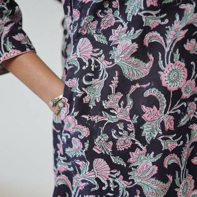 Black - Sanganeri Block Printed Cotton Long A-Line Kurta