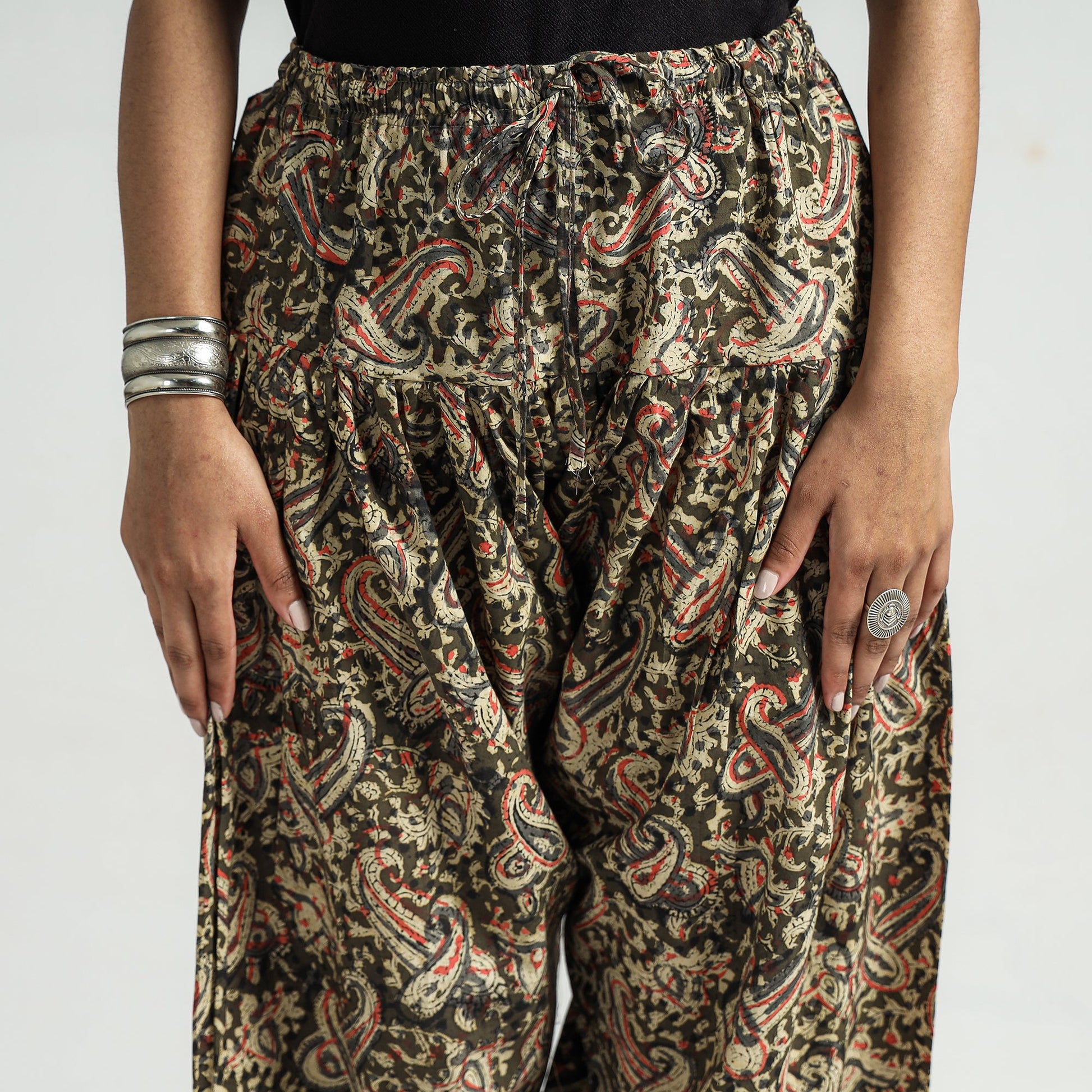Brown - Kalamkari Block Printed Cotton Elasticated Salwar