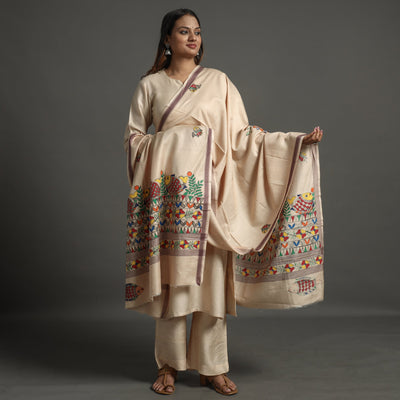 Beige - Madhubani Handpainted Tussar Cotton Handloom  Dupatta 05